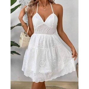 White Eyelet Halter Mini Dress – Open Back Summer Dress